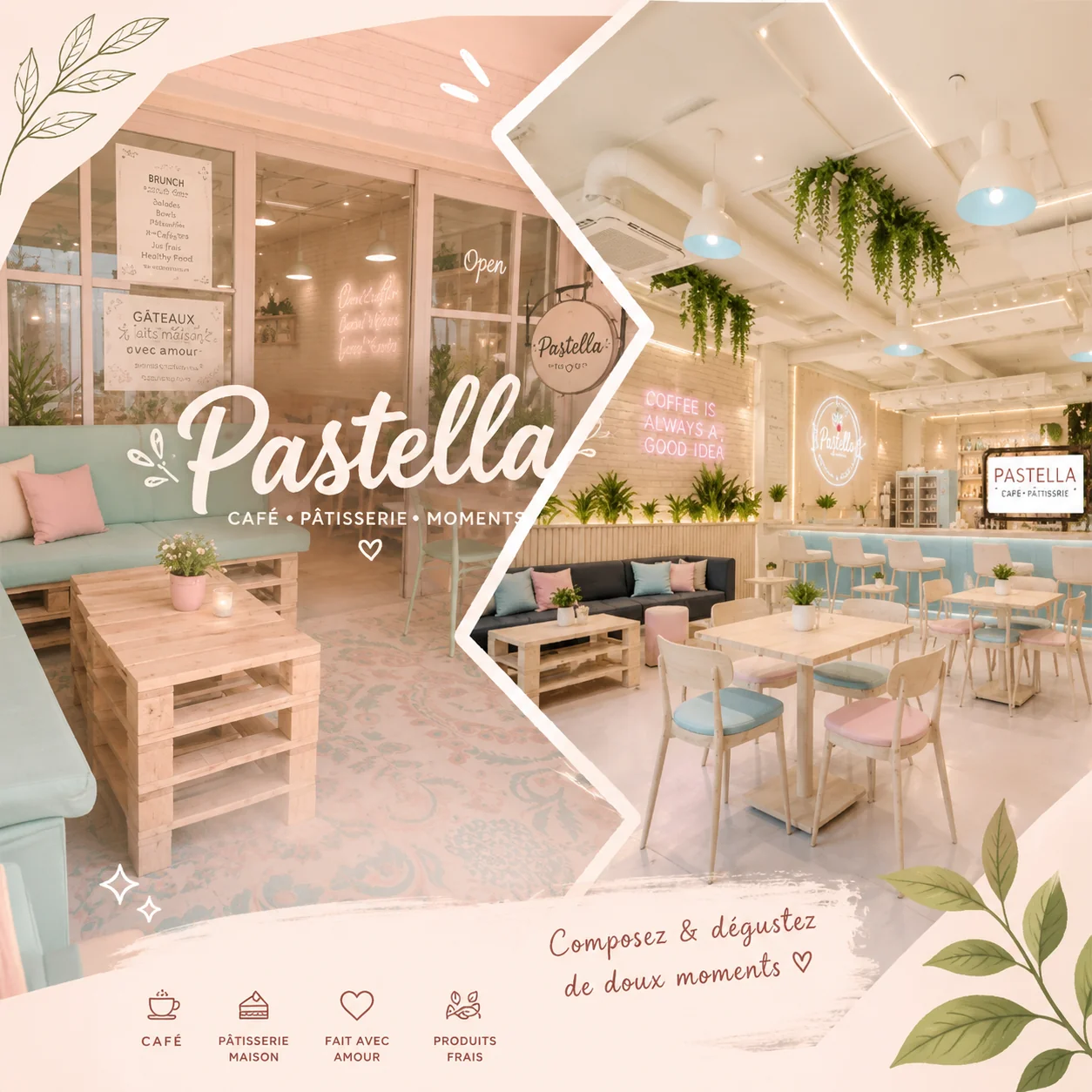Pastella Café Pâtisserie Nabeul — Rebranding 360° décoration intérieure identité visuelle pastel par LANCI agence marketing Tunisie